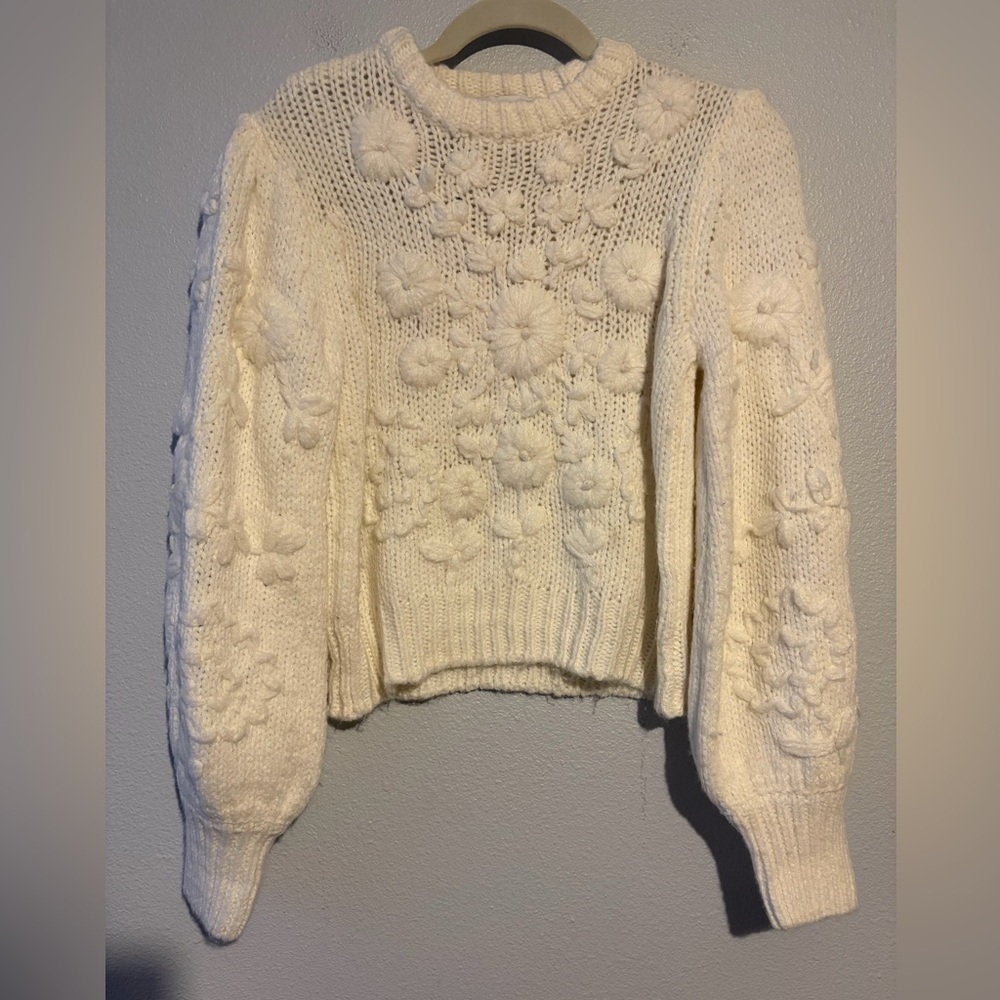 Zara Womens Floral Embroidered Knit Sweater White Puff Sleeves Size Small NEW - Picture 4 of 7